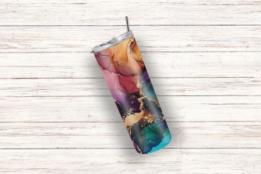 Preview: Thermobecher mit dynamischem Farbenspiel – Luxuriös & modern (590ml) Preview: Ein einzelner Thermobecher mit einem farbenfrohen, abstrakten Design in Lila-, Rosa-, Türkis- und Goldtönen, elegant auf einem hellen Holzhintergrund präsentiert.